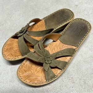 Tsonga Leather Floral Green Strappy Slide Wedge Sandals Women's EU 40 US 9.5